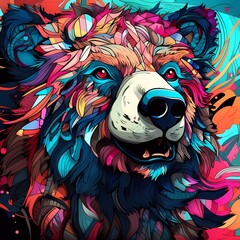 Wall Mural - Abstract bear head close up with tangled doodle elements. Full color illustrations. generative ai