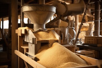 Poster - This image showcases a machine efficiently producing grain through a clearly defined and well-structured process, Detail of an organic grain mill operation, AI Generated