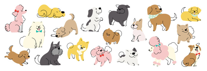 Set of cute dogs clipart vector. Lovely dog and friendly puppy doodle pattern in different poses and breeds with flat color. Adorable funny pet and many characters hand drawn collection.