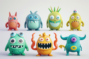 Wall Mural - Set of Cute 3d Cartoon Monsters