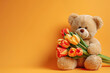 Teddy bear with a bouquet of tulips 8 March, 14 February