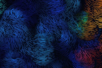 Poster - A striking image of a multicolored pattern formed by fingerprints, displayed on a black background, Fingerprint scanning transformed into a biometric abstract pattern, AI Generated
