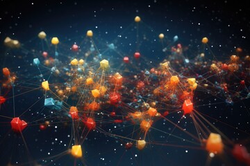 Poster - an interconnected network of vibrant cubes and dots displayed against a dark backdrop, futuristic vi