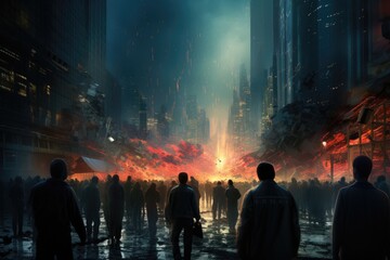 Poster - A diverse group of individuals standing in the city at night, illuminated by the city lights, Futuristic visualization of a stock market crash, AI Generated