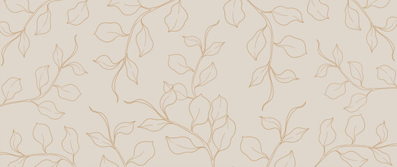 Botanical leaf line art wallpaper background vector. Luxury natural hand drawn foliage pattern design in minimalist linear contour simple style. Design for fabric, print, cover, banner, invitation.