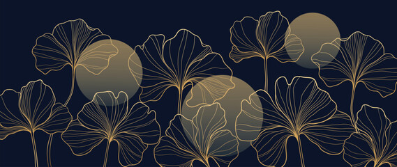 Luxury hand drawn  flower background vector. Elegant gradient gold floral line art, moon on blue background. Oriental design for wedding invitation, cover, print, decoration, template.
