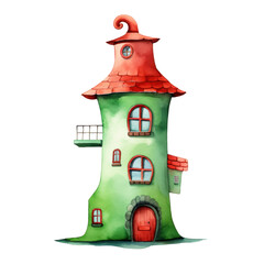 Watercolor illustration of red cute quirky house isolated on background, PNG transparent background