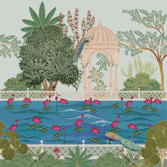Wall Mural - Mughal garden, lake, peacock, water lily, temple vector illustration pattern