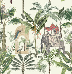 Wall Mural - Mughal traditional garden, elephant ride, caravan. Tropical vector seamless pattern