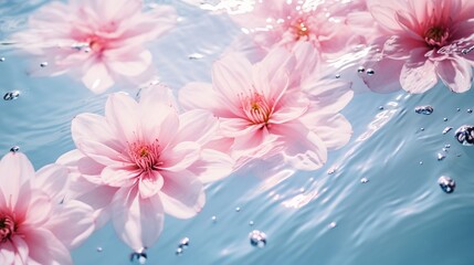 Wall Mural - Pink water surface with flower and sun rays. Relaxing spa and beauty theme. Flat lay composition with copy space and banner format.