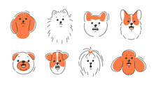 Various Animal Face, Different Emotions And Breeds. Angry And Sad Dog Face. Corgi, Akita, Spitz , Dachshund, Poodle, Terrier, Pug. Vector Illustration
