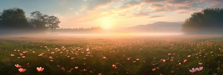 Poster - Wide panorama of a meadow with spring flowers in the morning fog. Generative AI.