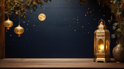 Empty Wood table top with decorative outdoor at night time	
