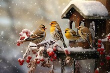 Several Small Birds On A Feeder During Winter. Generative AI