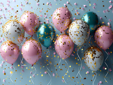 Vector Illustration As Background For Greetings, A Group Of Balloons With Confetti