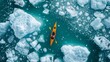 areil view of a lone kayaker amidst the icebergs of Greenland's icy waters. the photograph should contrast the deep blues 