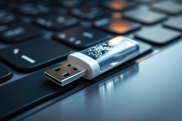 Close up of metal USB flash drive connected to laptop, International flash drive day. Generative AI.