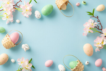 Cheerful Easter top view display: tiny baskets cradling colorful eggs, an adorable bunny, apple blossoms on a soft pastel blue surface. Perfect for your festive messages or promotional content