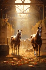 Poster - An image of a stable during feeding time, with horses eagerly awaiting their meals.