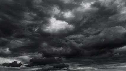 Wall Mural - dark dramatic sky with black stormy clouds before rain or snow as abstract background, extreme weath