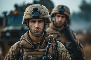 A soldier standing near military equipment. Generative AI.