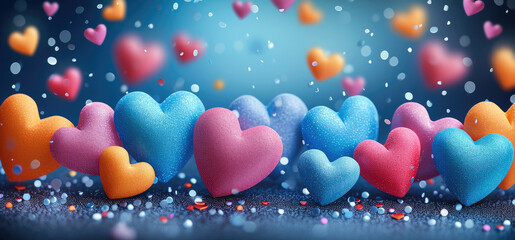 Poster - Festive background with colorful hearts. Generative AI.