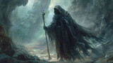 Fototapeta Most - From the depths of the underworld, a dark figure appears, clad in a hooded cloak and wielding a staff. The necromancer beckons to the figure, knowing it is one of the most Fantasy art