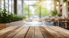 Photo Empty Wood Table Top And Blur Glass Window Interior Restaurant Banner Mock Up Abstract Background - Can Used For Display Or Montage Your Products - Generative Ai
