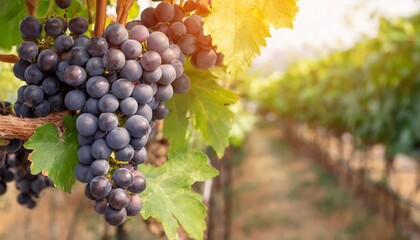 A grapevine with a bunch of grapes in the rays of the evening sun.