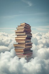 Wall Mural - A stack of books stretches to the sky and disappears in the clouds. Generative AI.