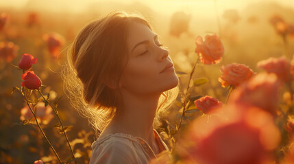 Woman dreaming at sunset in a flower field