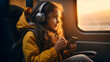 A little girl in headphones is traveling by train. Travel concept