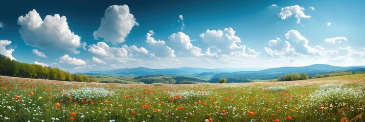 Poster - Wide panorama of a meadow with spring flowers. Generative AI.