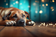 Cute Dog Lying On The Floor Among A Blue Wooden Wall With Christmas Lihgts. Muzzle With Big Eyes Close Up. Portrait Of Tired Dog Resting At Home. Copy Space. Adorable Pet Concept