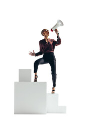 Poster - Successful business woman shouting with a megaphone on a transparent background