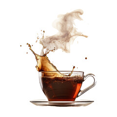 Poster - splash and splashes on hot steaming fragrant coffee with steam, smoke in a transparent glass cup