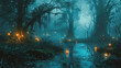As night falls, the once peaceful swamp transforms into a labyrinth of glowing willothewisps, their ghostly forms weaving through the mist and tangles of overgrown vegetation, Fantasy art