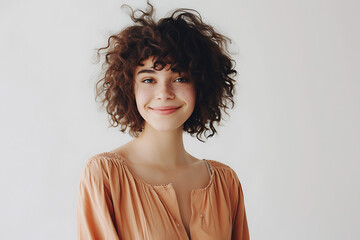 Wall Mural - Phone Charisma, Curly-Haired Model Embraces Cellphone Technology on isolated white background