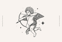 Beautiful Amur In The Stars, Shooting An Arrow Of Love. Cupid, The God Of Romance And Passion, On A Light Background. Antique Mythological Hero In Engraving Style.
