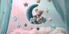 A Baby Mobile With A Teddy Bear On The Moon And Stars Against A Soft, Foggy Background.