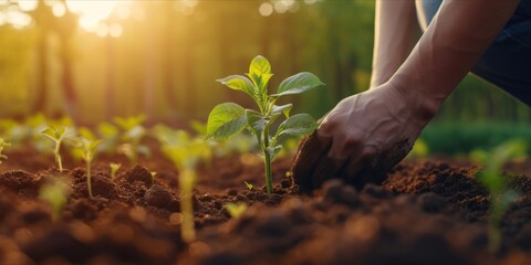 Close up of a person hands planting seedlings in soil at sunrise with a forest in the background.