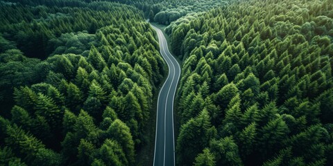 Wall Mural - Aerial view of a road cutting through a dense forest