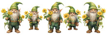 St. Patrick's Day Cute Gnomes With Sunflowers, Watercolor Transparent PNG File.