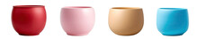 Set Of Modern Decorative Empty Vases In Red, Blue, Cream, And Pink Colors, Suitable For Mockup Design. Made Of Clay Or Ceramic. Isolated On A Transparent Background. PNG, Cutout, Or Clipping Path.	

