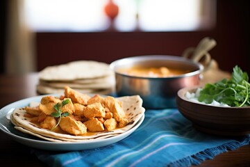 Canvas Print - a bowl of butter chicken beside a stack of fresh chapatis