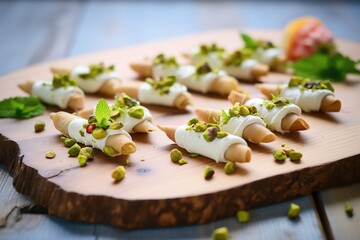 Poster - cannoli rows with pistachios on wooden table