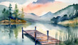 Watercolor Art Painting: Tranquil Lake with Dock Reflections Gently in Afternoon