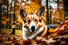 Witness The Sheer Delight Of A Happy Welsh Corgi Pembroke, Gracefully Bred Among The Fallen Leaves, Bringing Warmth To The Autumnal Scenery.