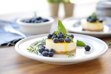 Sticker - sliced cheesecake on white plate with blueberries on top