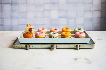 Wall Mural - donuts arranged in a row on a modern metal tray